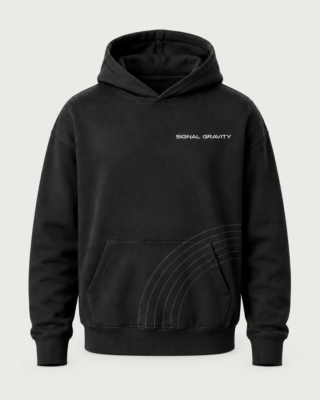 Signal Gravity Field Hoodie - Black, front view on warm neutral background