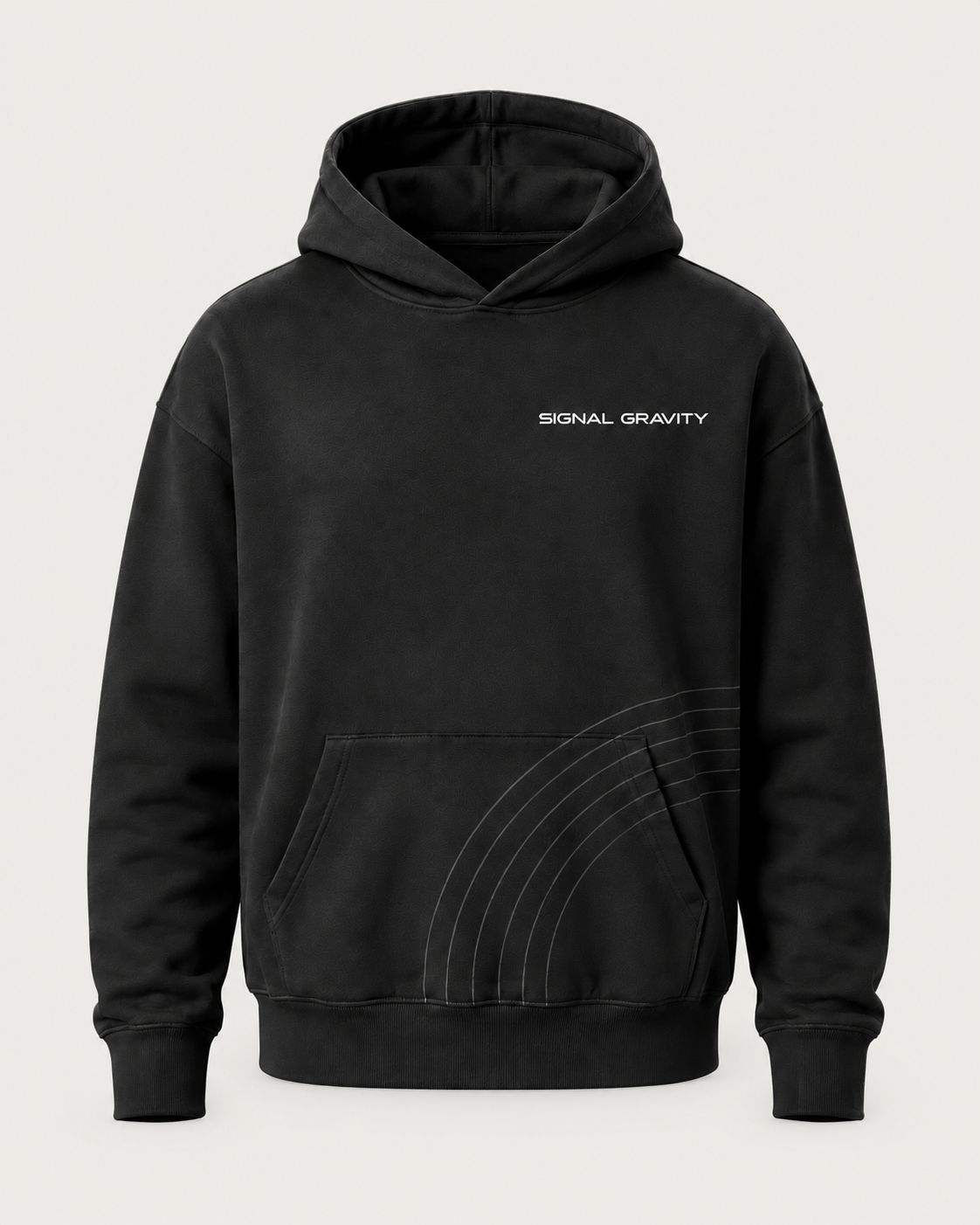 Signal Gravity Field Hoodie - Black, front view on warm neutral background