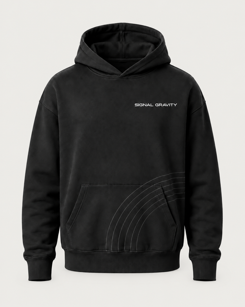 Signal Gravity Field Hoodie - Black, front view on warm neutral background