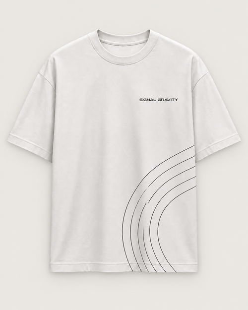 Signal Gravity Hero Tee - Off White, front view on warm neutral background