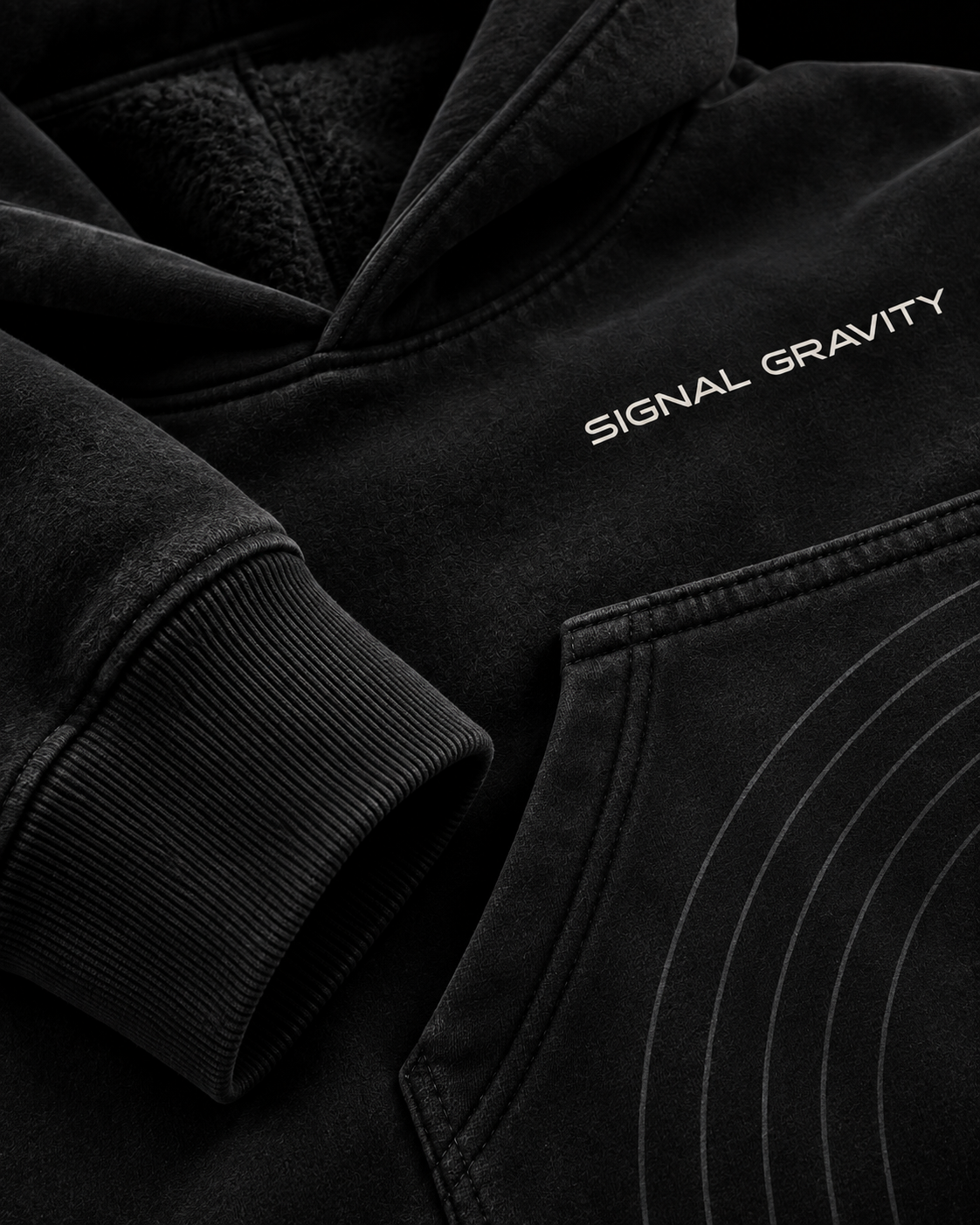 Signal Gravity Hoodie - Black, fleece and construction detail