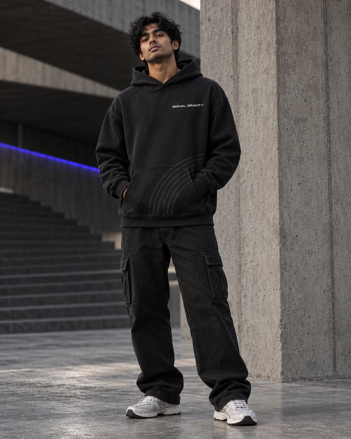 Male model wearing Signal Gravity Hoodie - Black