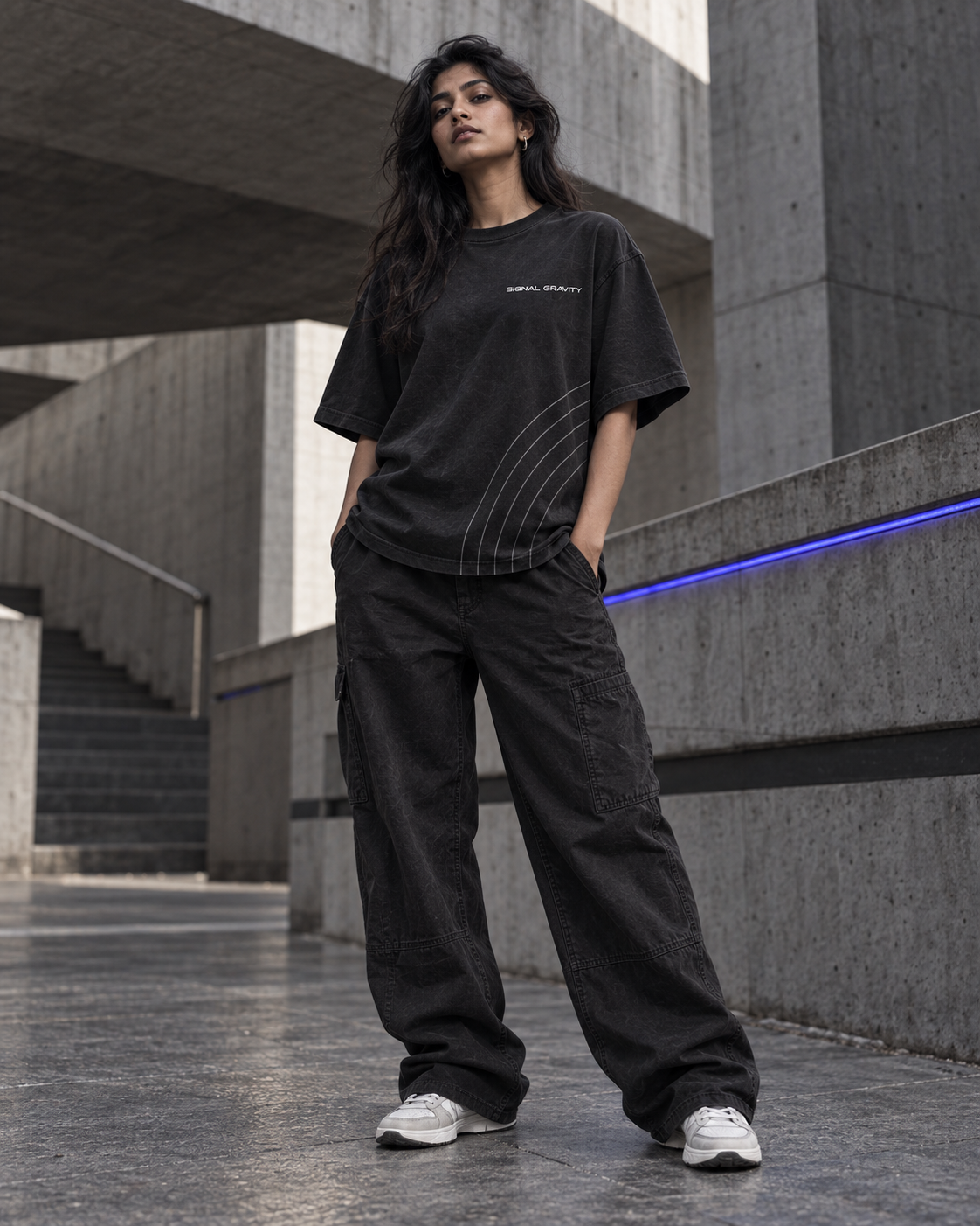 Female model wearing Signal Gravity Relaxed Tee - Black