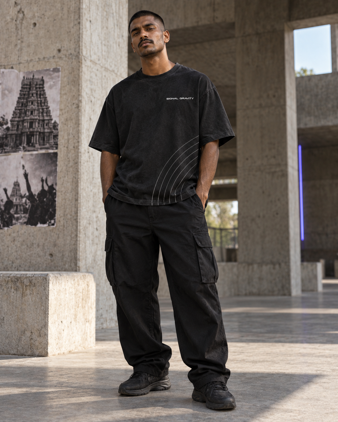 Male model wearing Signal Gravity Relaxed Tee - Black