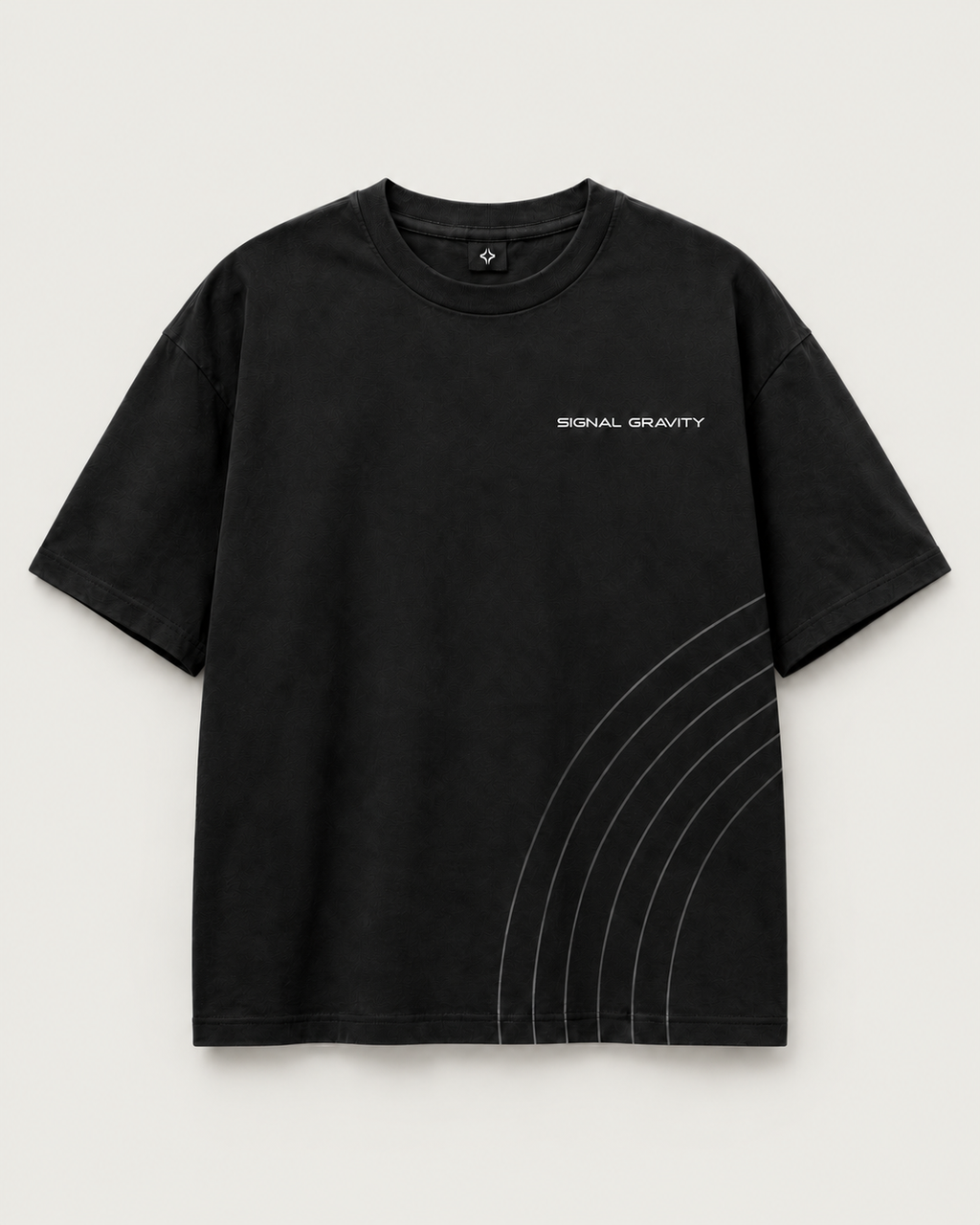 Signal Gravity Relaxed Tee - Washed Black, front view on warm neutral background