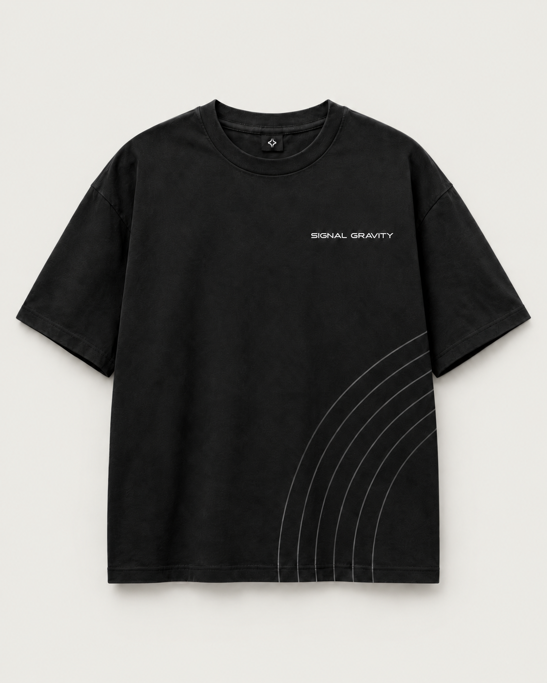 Signal Gravity Relaxed Tee - Washed Black, front view on warm neutral background