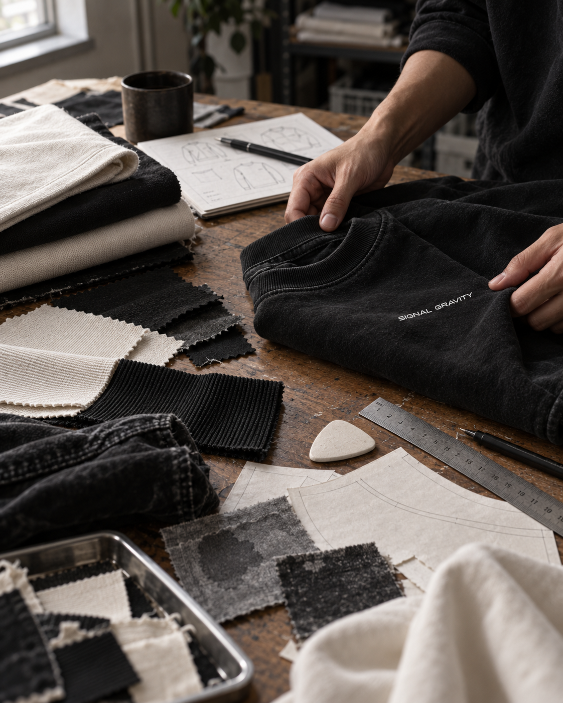 Signal Gravity garment development table with fabric, patterns and a finished sweatshirt