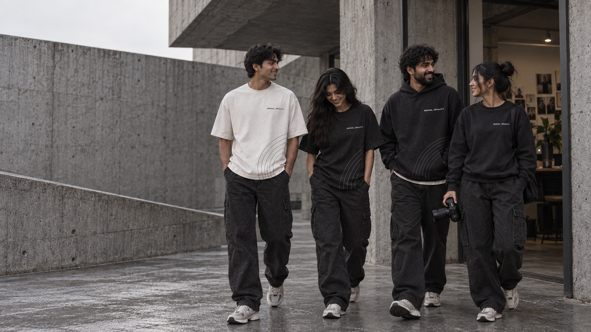 Four Signal Gravity creatives walking together outside a concrete studio