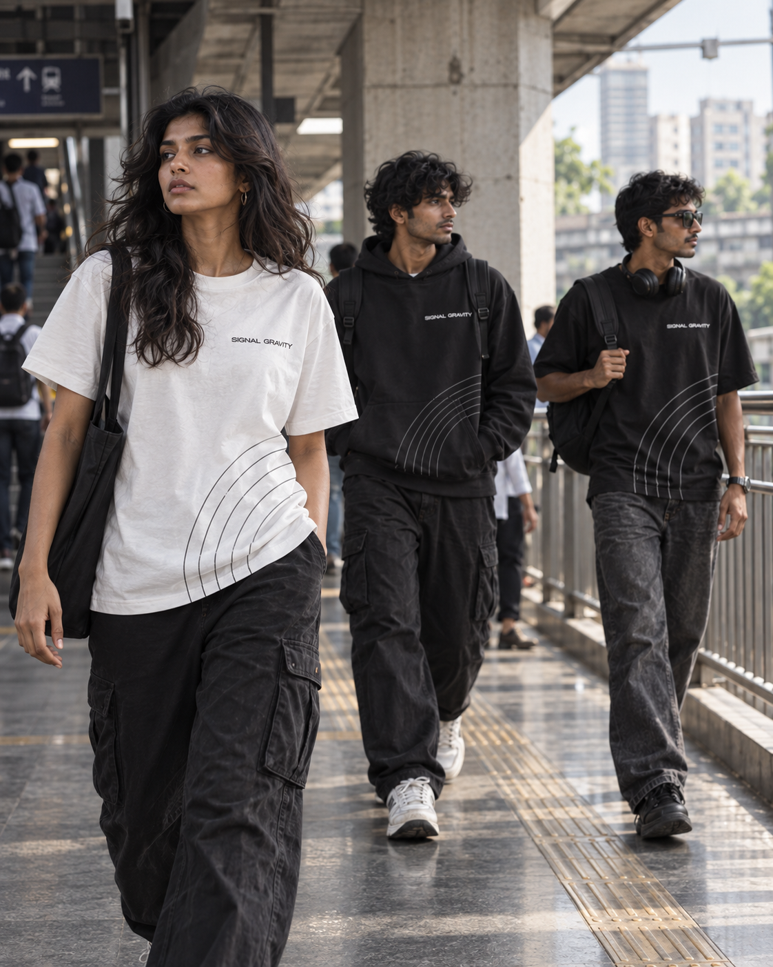 Three people wearing Signal Gravity moving independently through an urban transit passage