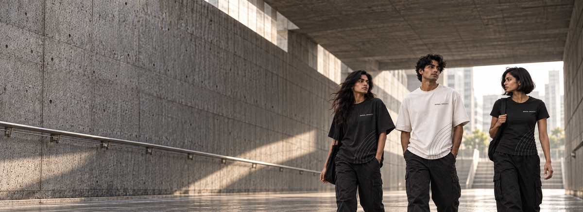 Three Signal Gravity creators moving through a concrete city passage in the Field Lines collection