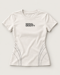 Signal Gravity Women’s Hero Tee - Stone White, front view on warm neutral background