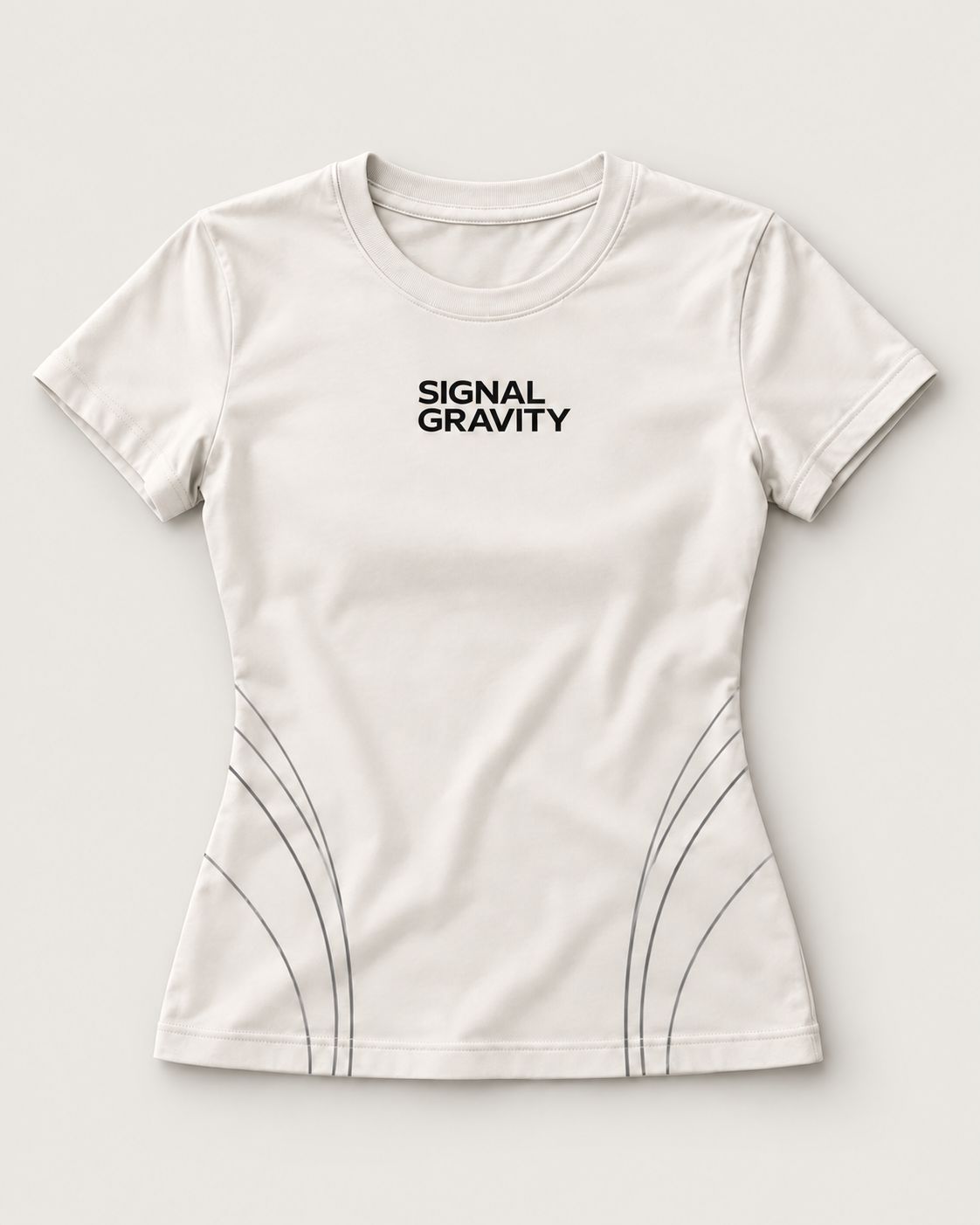 Signal Gravity Women’s Hero Tee - Stone White, front view on warm neutral background